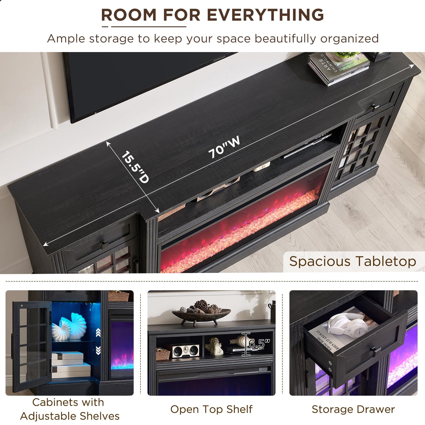 ACCOHOHO Farmhouse Fireplace TV Stand for 80 Inch TV, Entertainment Center w/ 36'' Electric Fireplace & LED Lights, Mordern Media Console with Storage Drawers & Cabinets for Living Room, Black