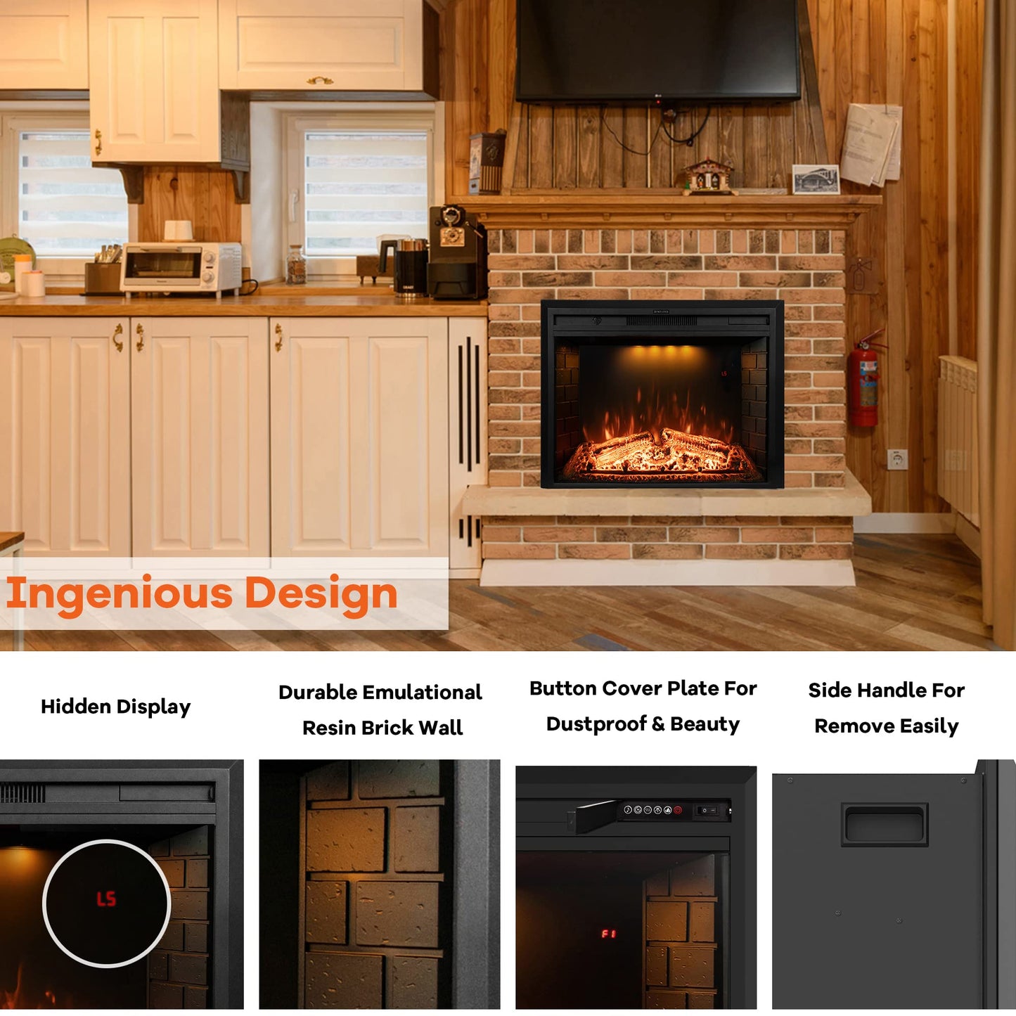 Dreamflame 36 inch Wide 21 inch High Electric Fireplace, Wall Fireplace Electric with Remote Control, Realistic Log and Crackling Sound, Overheating Protection and Timer, 750/1500W Black