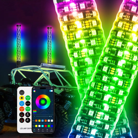 2PCS 2FT Fat Whip Lights with Function-Remote&APP Control Compatible with UTV ATV RZR Polaris Buggy Offroad Truck Accessories RGB Chasing Dancing Lighted Antenna Whips