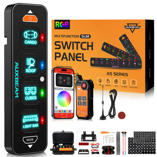Auxbeam 4 Gang Slim Switch Panel Bluetooth RGB AS-400 with APP&Wireless Remote Control Toggle Momentary Pulsed Dimmable Switch Pod Backlit Off Switch Box for Offroad Truck Waterproof,2-Year Warranty