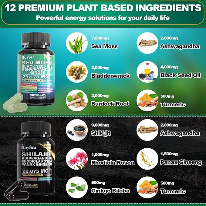 Boysea.Shilajit and Sea Moss Bundle - 90 Count - Sea Moss 7000mg, Black Seed Oil 4000mg, Ashwagandha 2000mg, Ginger & Shilajit 9000mg, Rhodiola Rosea 1000mg, All in 1 Supplements (3 Pack)