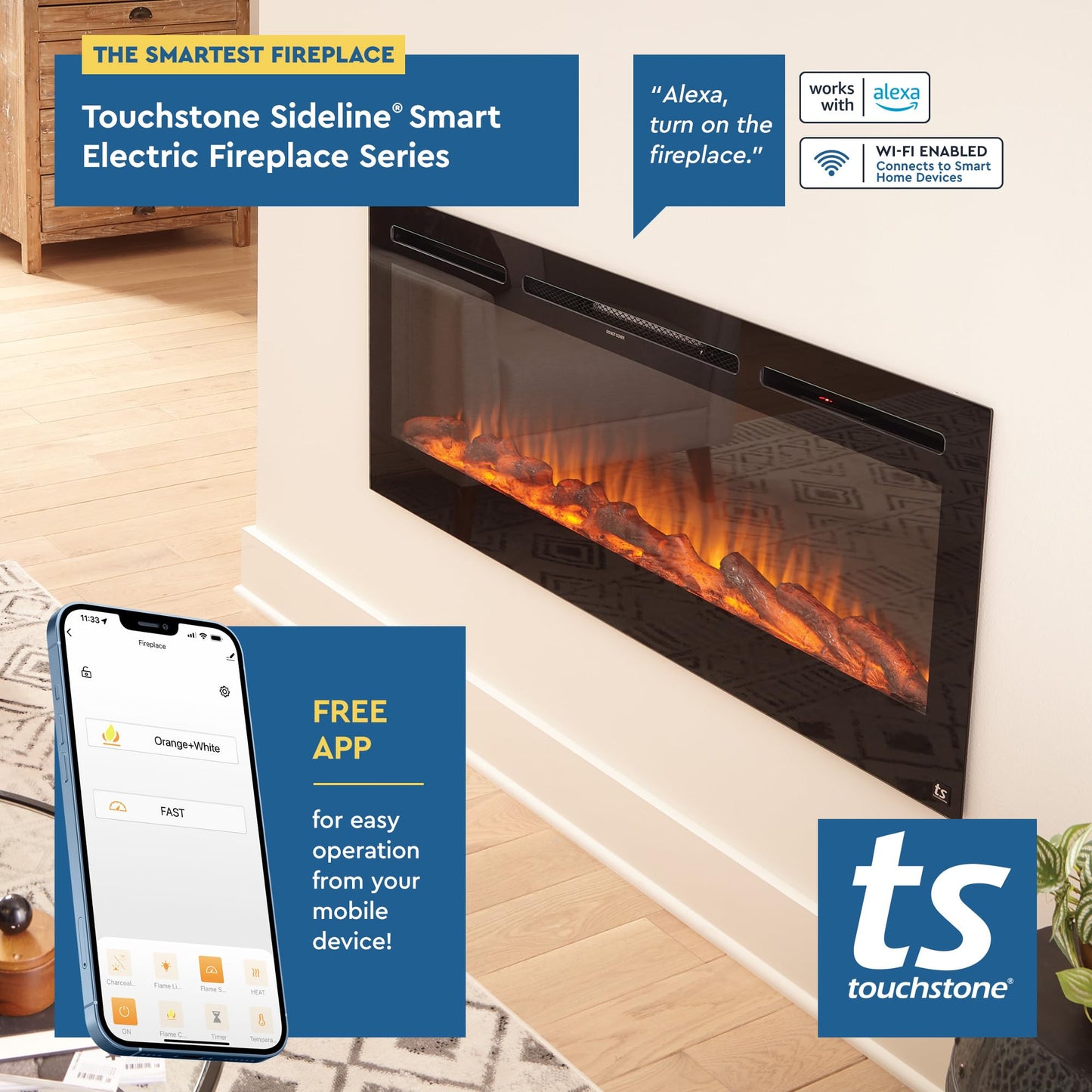 Touchstone Smart Electric Fireplace-The Sideline 72" Wide-in Wall Recessed - 30 Realistic Ember Color/Flame Options - 1,500W Heater w/Thermostat - Log & Crystal Hearth Options - Alexa/WiFi Enabled