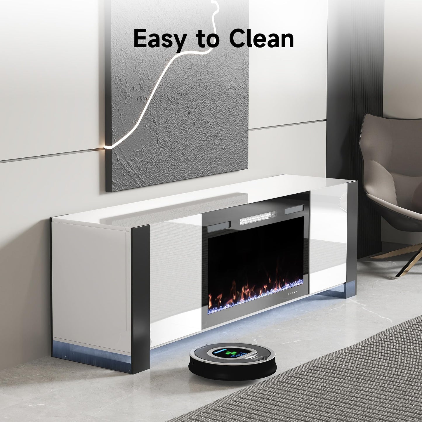 Real Relax 70" U-Shaped Leg TV Stand with 36" Electric Fireplace, High Gloss Finish Entertainment Center for TVs Up to 80", TV Console Cabinet for Living Room, White