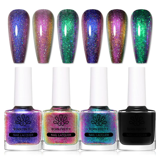 Born Pretty Chameleon Nail Polish Set Holographic Glitter Polish Sparkle Shimmer Nail Art Polish With Black Nail Polish Multicol