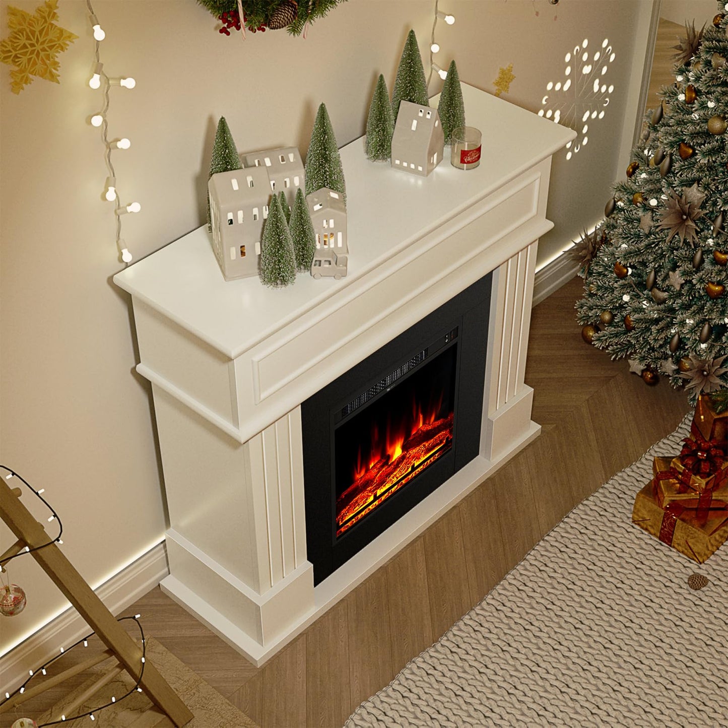 oneinmil Electric Fireplace with Mantel, Fireplace TV Stand with 18’’ Electric Fireplace Heater, 3D Realistic Flame, Freestanding Fireplace for Living Room, Bedroom, White