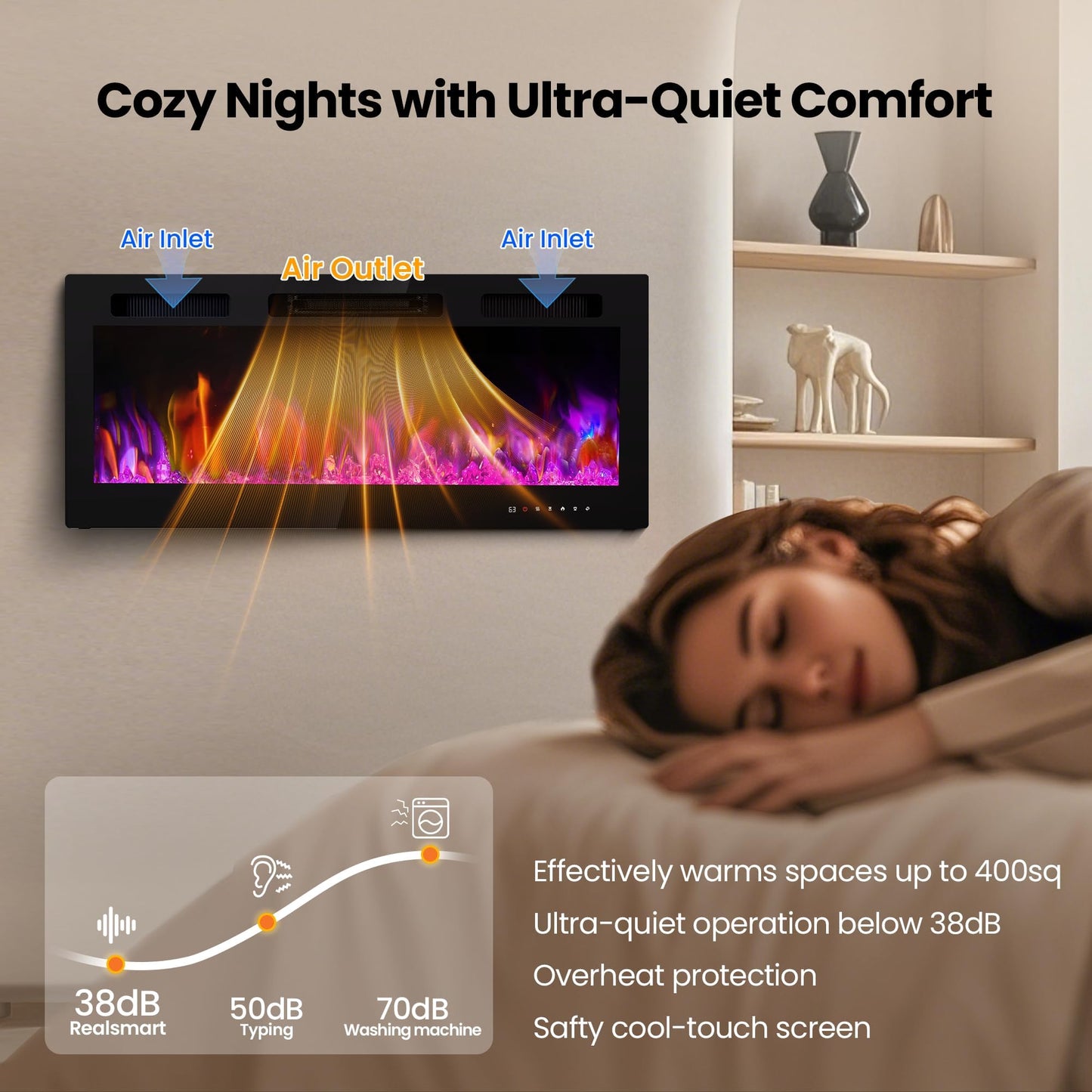 Electric Fireplace Wall Mounted 50 Inch Realsmart 750/1500W Insert Fireplaces Recessed Heaters Slim Black Fireplace Remote Control Touch Screen Timer 10 Flame Colors LED Decor Low Noise