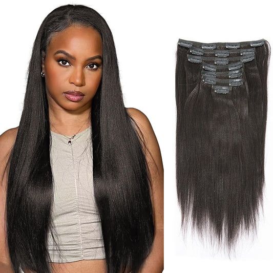 Lacer Light Yaki Hair Clip In Hair Extensions, Remy Human Straight Yaki Hair Natural Black Color For African American Black Wome