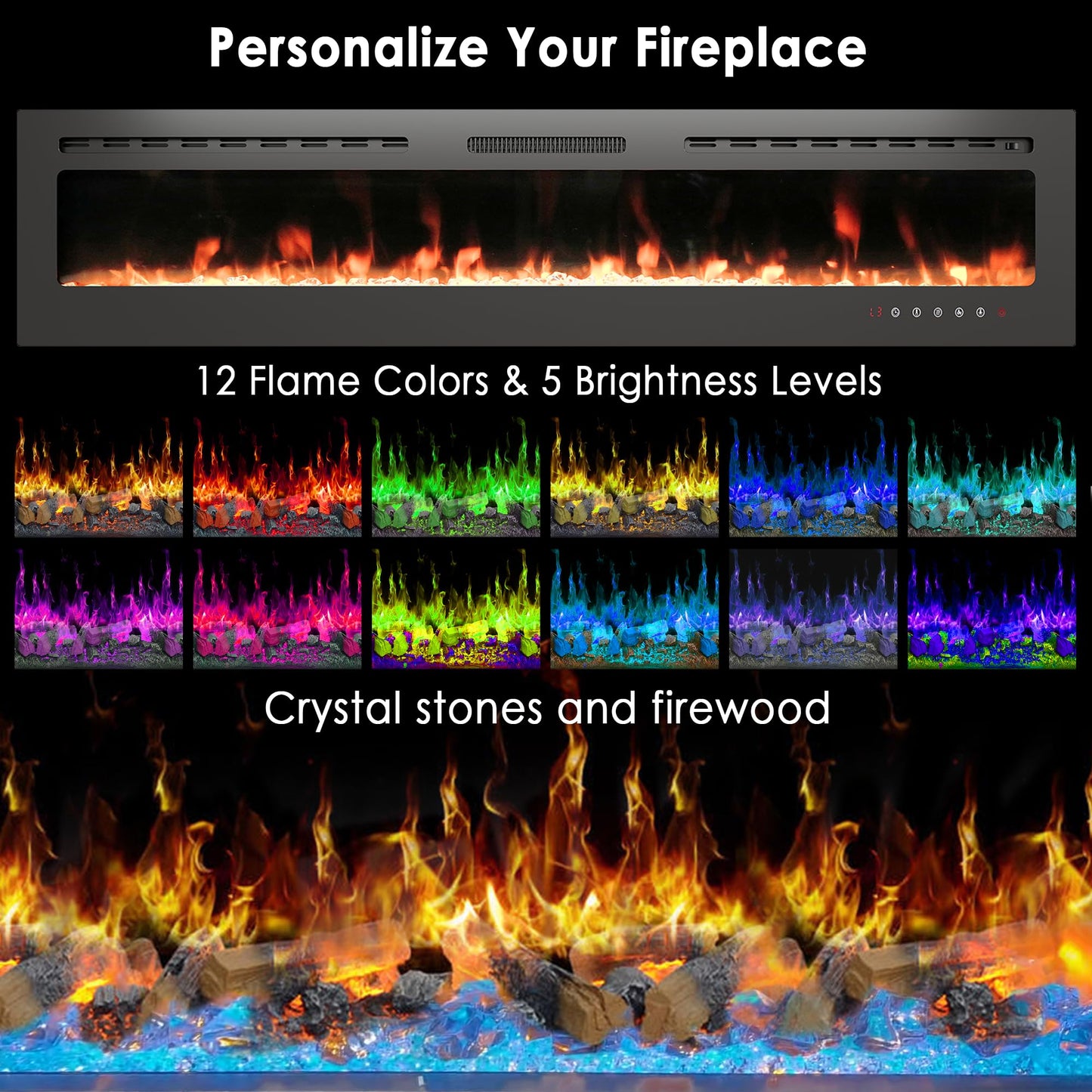 HOMTHING 80" Electric Fireplace Wall Mounted & Recessed, 750W/1500W Adjustable Heater with Remote & Touch Control, 8H Timer, Quiet Operation Electric Fire Place for Living Room Bedroom (Black)