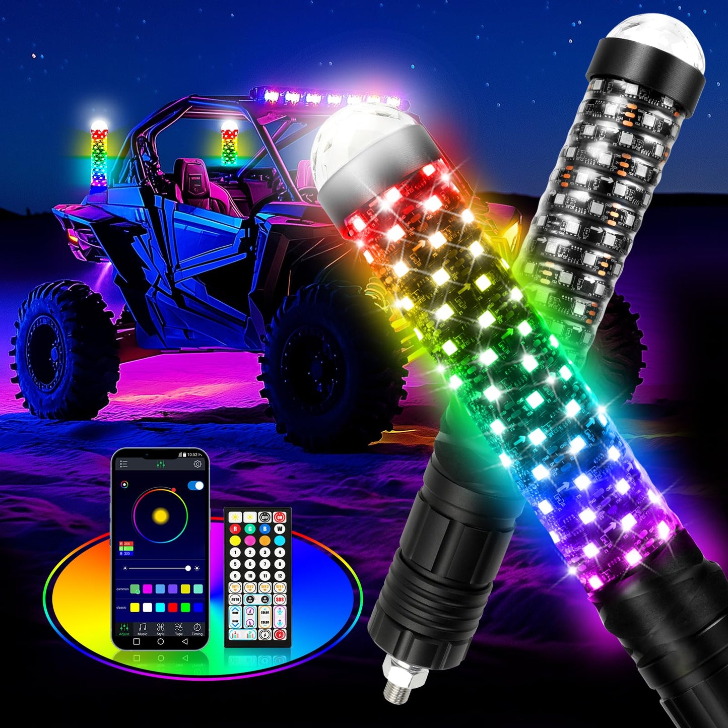DEERMOTO 2PCS 1FT Fat Whip Light with Warning Light Spiral RGB LED Whip Lights with APP&Remote Control,Chasing Lighted Antenna Whips for UTV ATV Can-Am X3 RZR Can-Am Polaris Buggy Jeep Offroad (1ft)
