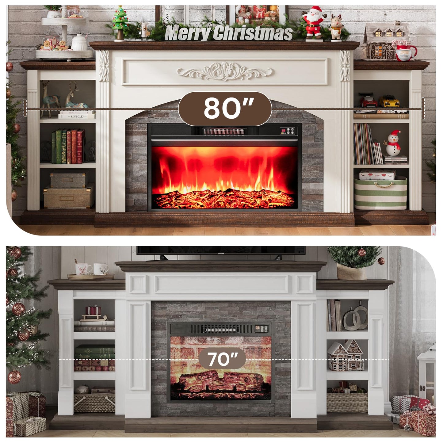80" Electric Fireplace with Mantel, Fireplace TV Stand for TVs Up to 90",Modern Entertainment Center with Realistic Stacked Stone Surround,Wooden Carved Decorative Mantel, Ideal for Living Room