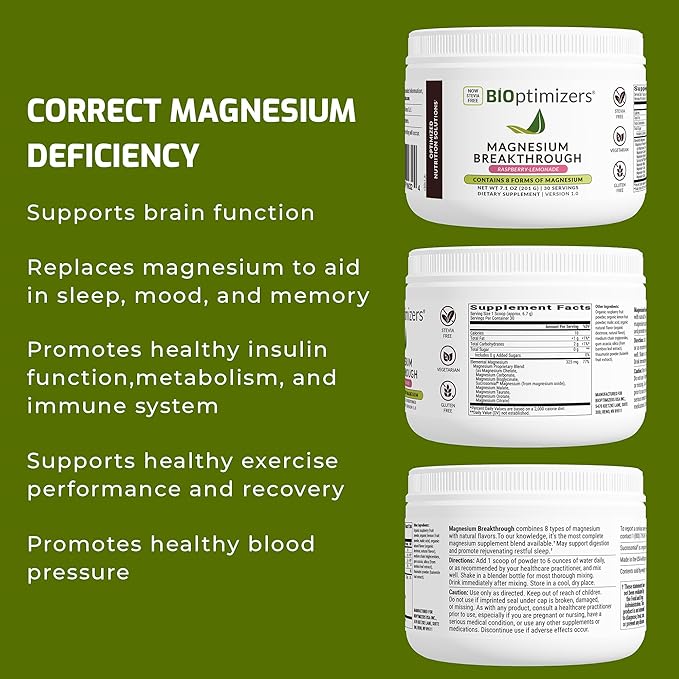 BIOptimizers Magnesium Breakthrough Drink Raspberry Lemonade - 8 Forms of Magnesium: Glycinate, Malate, Citrate, and More - Natural Sleep and Brain Supplement – 6 oz (30 Servings)