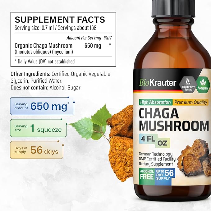 BIO KRAUTER Chaga Mushroom Extract - Chaga Tincture for Immune Support - Vegan, Alcohol & Sugar Free Drops 4 Fl.Oz.