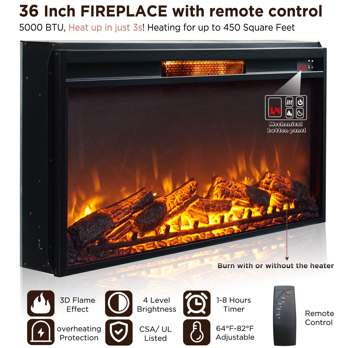 ACCOHOHO Fireplace TV Stand for 80 Inch TV, 35.7" Tall Farmhouse Entertainment Center W/36'' Electric Fireplace, Media Console with Large Storage Cabinets and Drawers for Living Room, Black