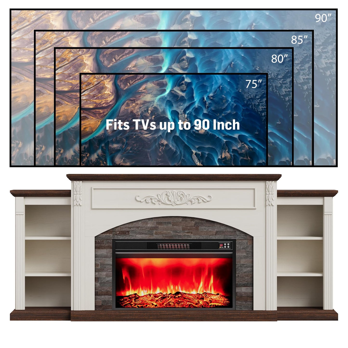 80" Electric Fireplace with Mantel, Fireplace TV Stand for TVs Up to 90",Modern Entertainment Center with Realistic Stacked Stone Surround,Wooden Carved Decorative Mantel, Ideal for Living Room