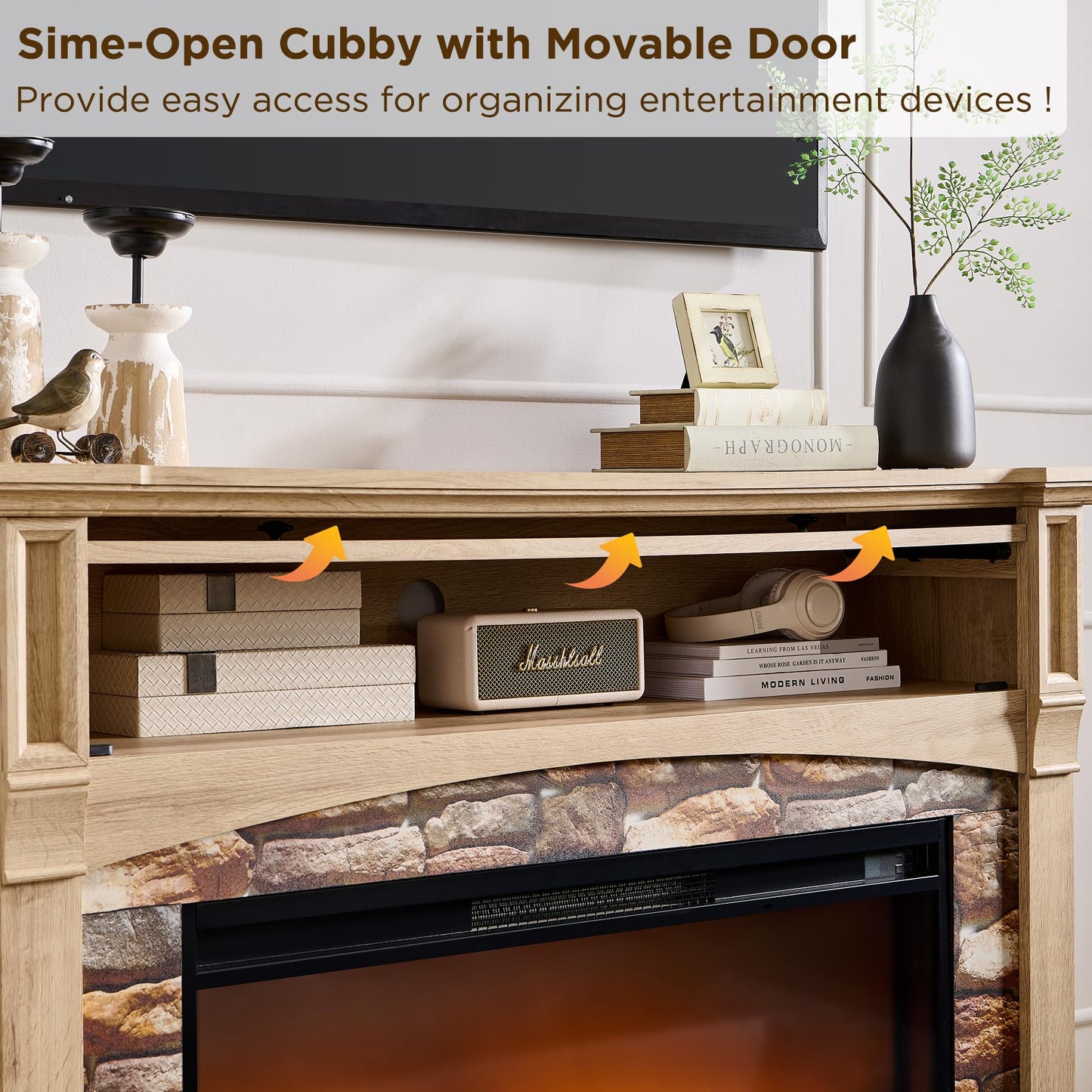 OKD 52" Farmhouse Electric Fireplace with Mantel, Tall Fireplace TV Stand w/Sime-Open Cubby, 36" Freestanding Electric Fireplace Heater,Remote Control, Adjustable 3D Realistic Flame