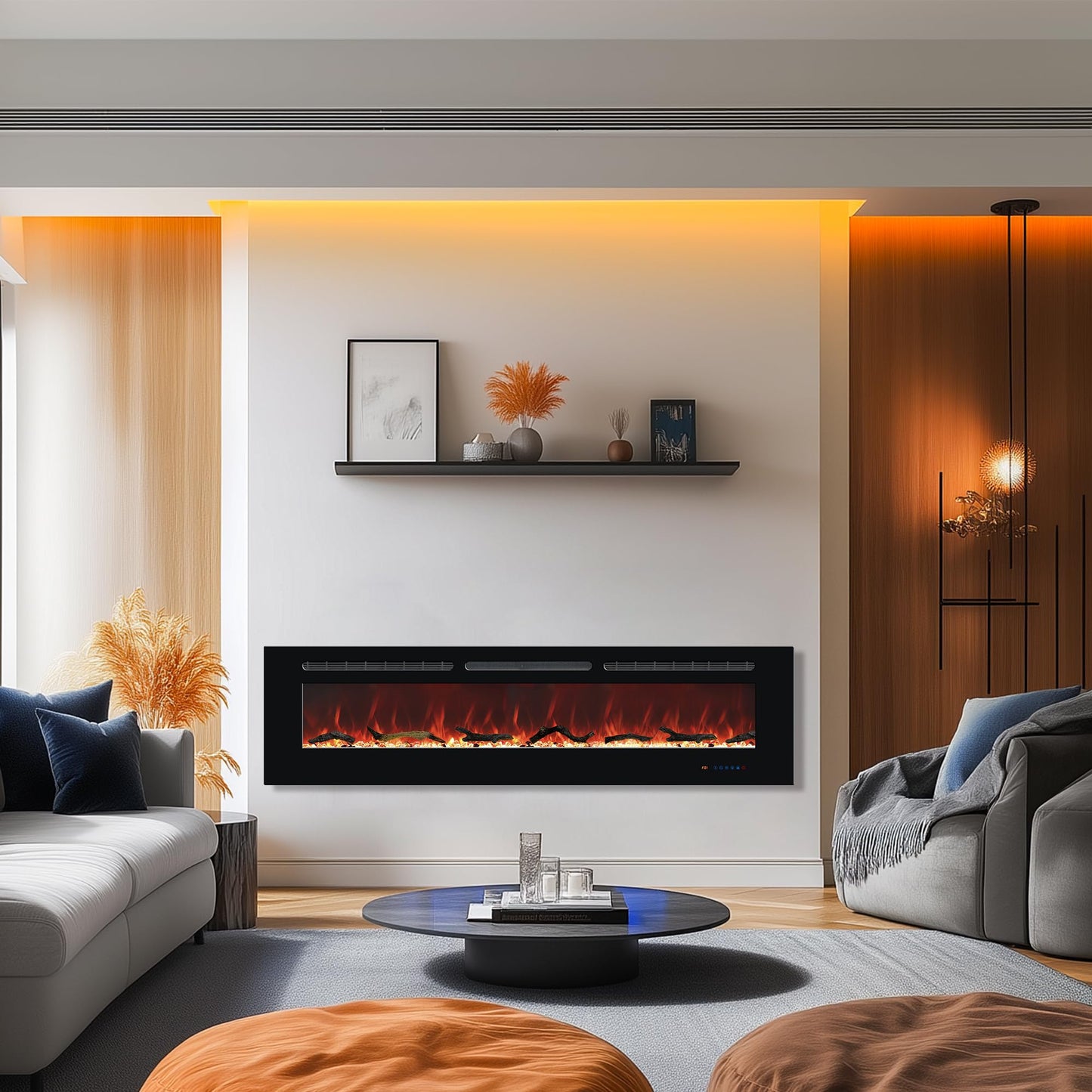 Carsynflame Electric Fireplace 65 in, Wall Mounted & Recessed Electric Fireplace Inserts, Remote & Touch Screen Control, 169 Flame Color Combinations, Timer& Thermostat Fireplace Heater, 1500W, Black