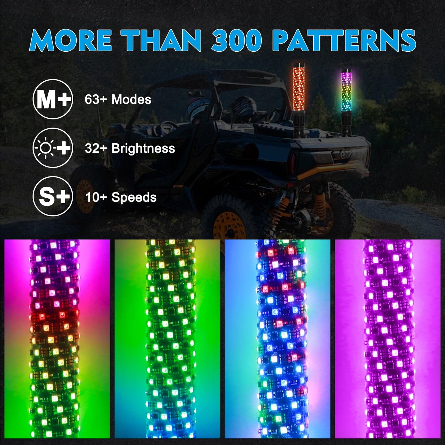 2PCS 2FT Fat LED Whip Lights with Spring Base,ATV Whip Lights with APP & Remote Control RGB Chasing Lighted Antenna Whips for UTV, Truck, Dune Buggy