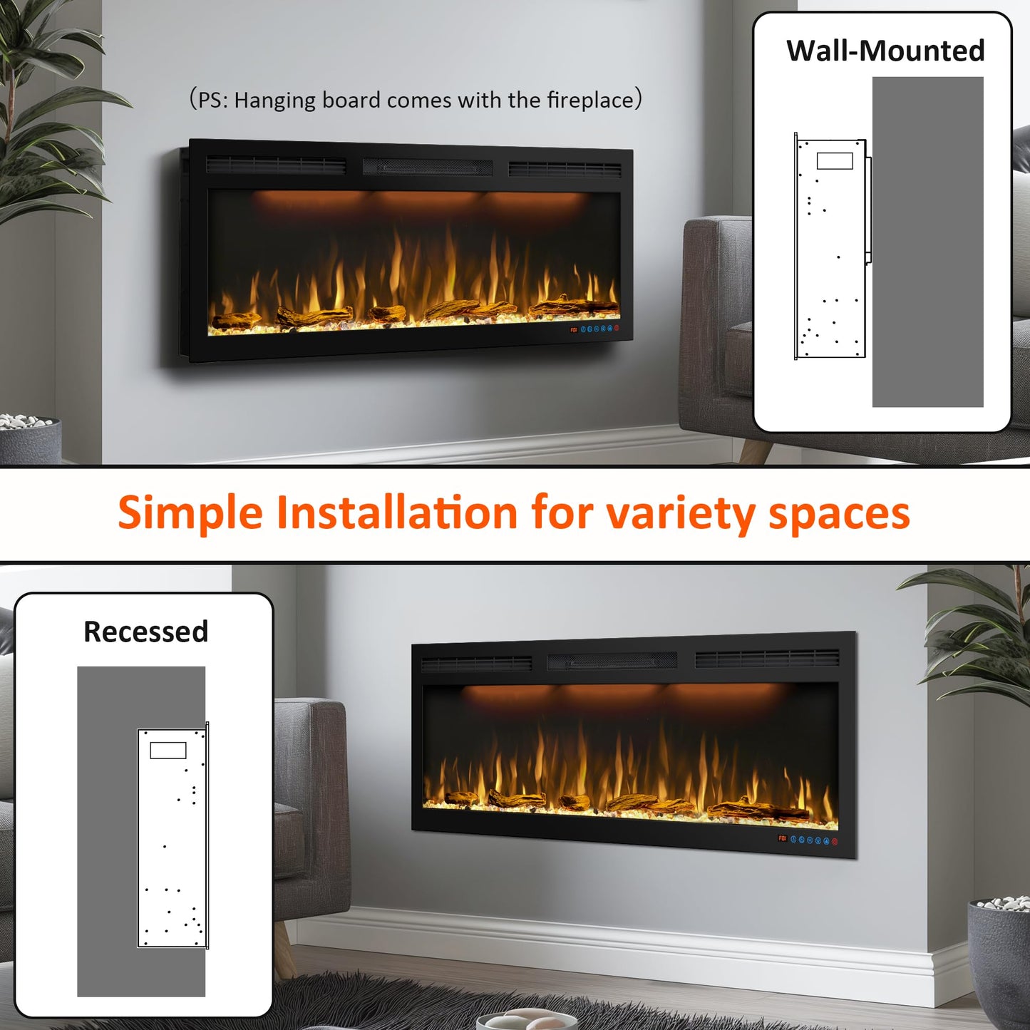 60 inches Electric Fireplace, Recessed and Wall Mounted Fireplace Heater and Linear Fireplace Inserts, with Timer, Remote Control, Adjustable Flame & Light Colors, 750W/1500W, Black