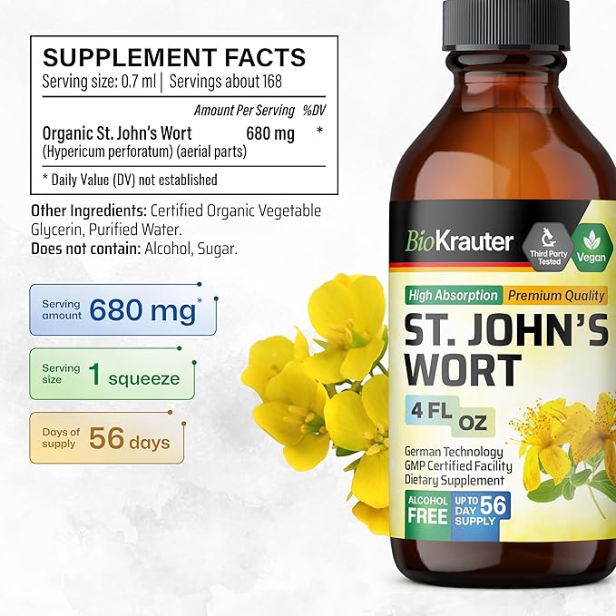 BIO KRAUTER St Johns Wort Tincture - Hypericum Perforatum Liquid Extract for Mood Support - High Absorption - St Johns Wort Alcohol Free Vegan Drops 4 Fl.Oz.