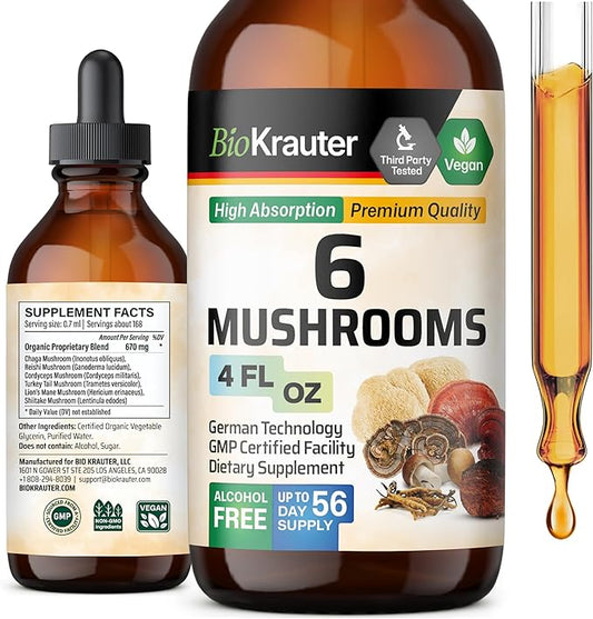 BIO KRAUTER 6 Mushrooms Supplement 6-in-1 - Lions Mane, Shiitake,Turkey Tail, Cordyceps, Reishi & Chaga Liquid Extract - Mushroom Complex Tincture - Vegan Drops 4 Fl.Oz.
