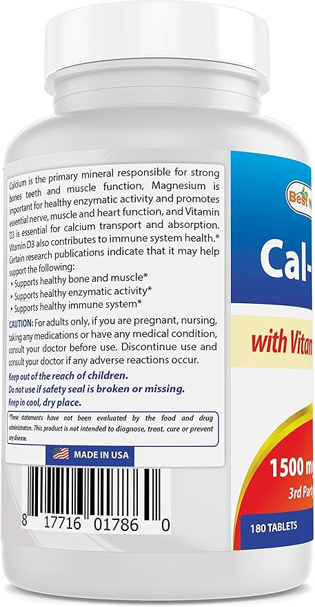 Best Naturals Calcium Magnesium with Vitamin D3 1500mg Serving 180 Tablets (180 Count (Pack of 1))