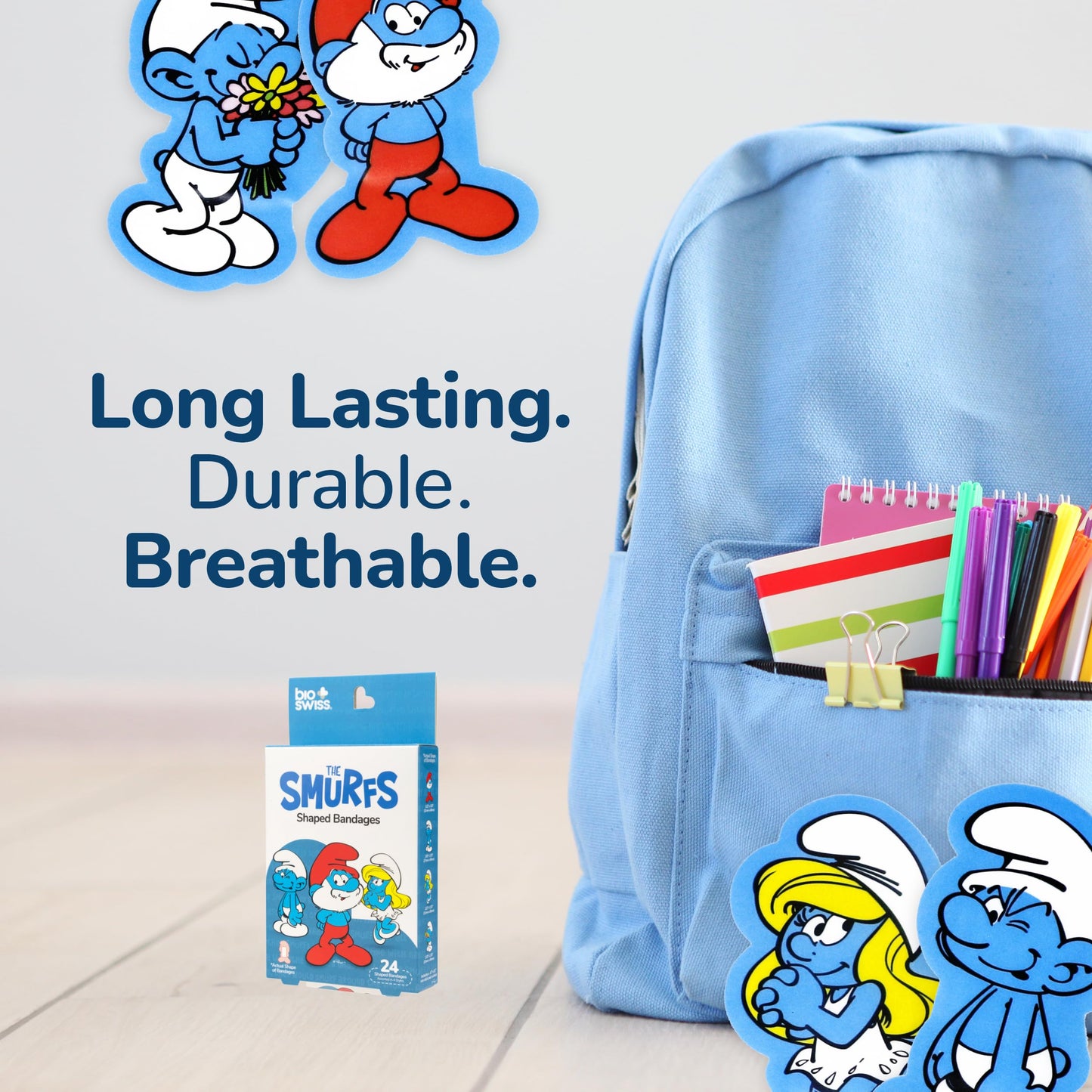 BioSwiss Bandages, The Smurfs Classic Shaped Self Adhesive Bandage, Latex Free Sterile Wound Care, First Aid Supplies for Kids and Adults, 24 Count