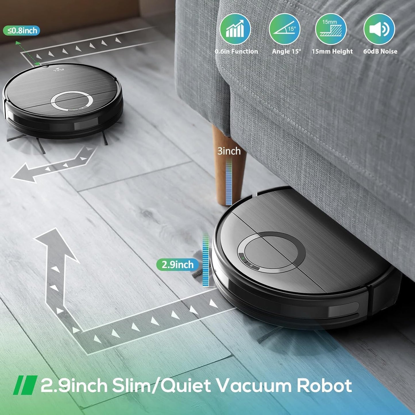 UMMUND Robot Vacuum and Mop Combo, 2 in 1 Mopping Robotic Vacuum Cleaner with Schedule, Wi-Fi/App/Remote, Max Suction 2000Pa, Self-Charging, Slim, Ideal for Hard Floor, Pet Hair, Low-Pile Carpet