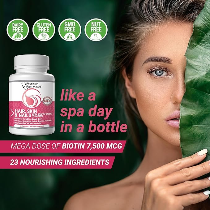 Healthy Hair Skin and Nails Vitamins for Men and Women - 7500 mcg Biotin, Amino Acids, Collagen and Hyaluronic Acid - 60 Capsules
