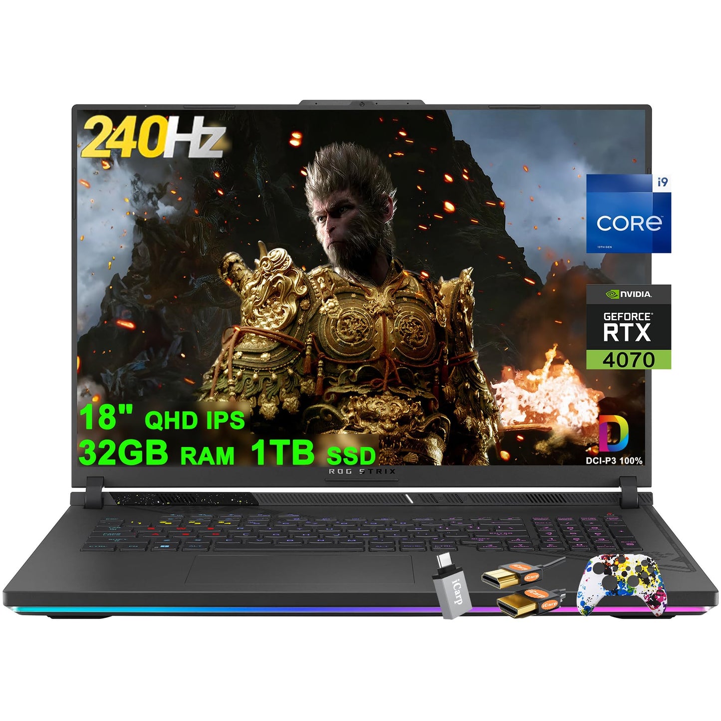 ASUS ROG Strix G18 G814 Gaming Laptop 18" QHD 2560x1600 240Hz (100% DCI-P3) Intel 24-Core i9-13980HX 32GB RAM 1TB SSD GeForce RTX 4070 8GB Thunderbolt RGB Backlit Fast Charging Win11 w/ICP Accessory