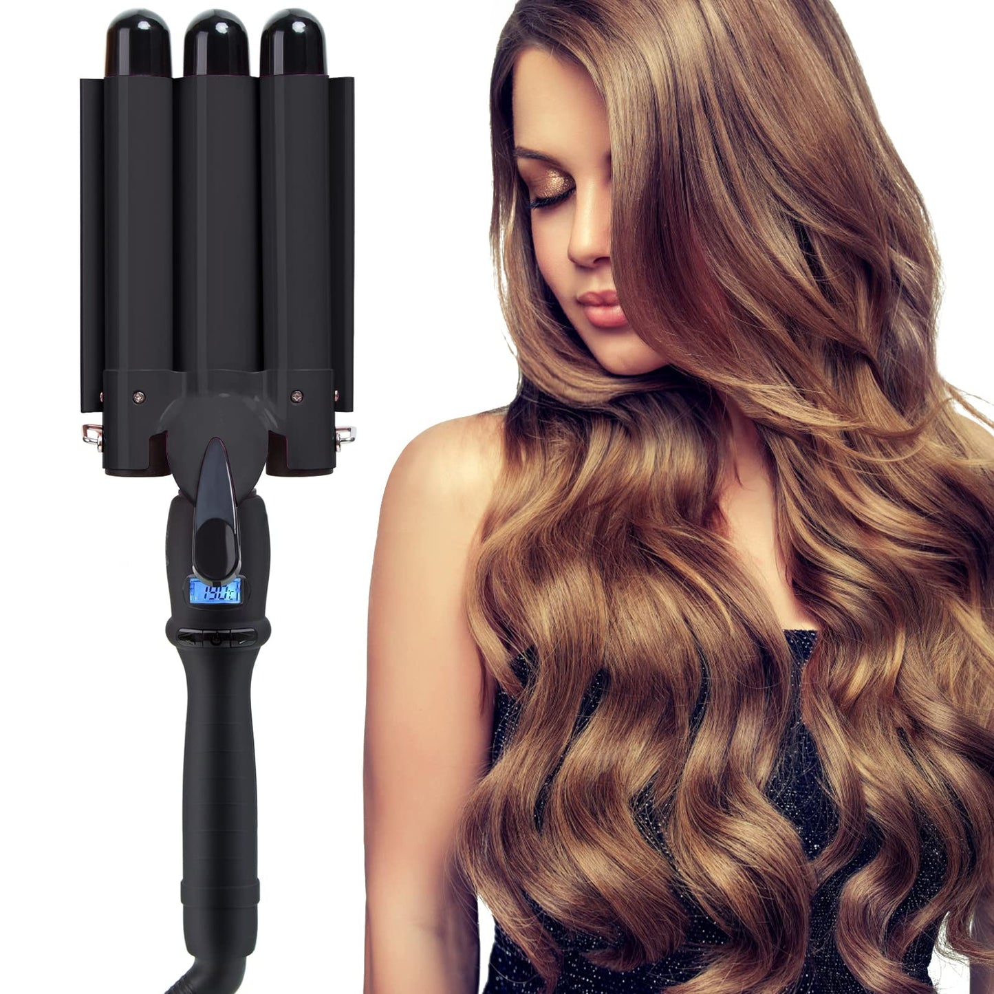 3 Barrel Curling Iron Wand Hair Crimper With Dual Voltage, 1 Inch Hair Waver Iron With Lcd Temp Display, Ceramic Tourmaline Crim