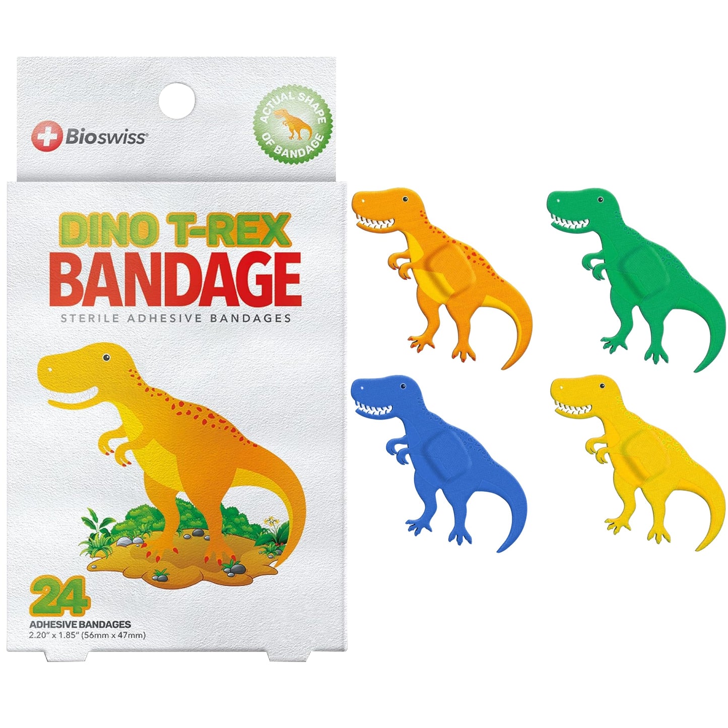 BioSwiss Bandages, Dinosaur Shaped Self Adhesive Bandage, Latex Free Sterile Wound Care, 24 Count