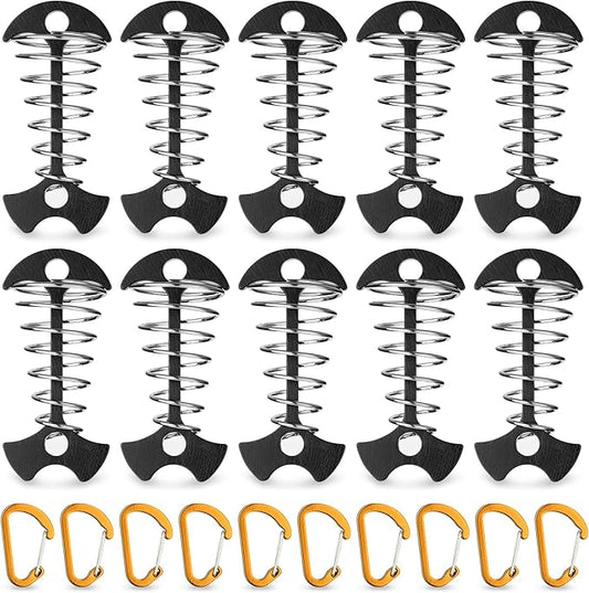 TOBWOLF 10PCS Black Fishbone Deck Anchor Pegs with Carabiners, Aluminium Deck Tie Down Tent Stakes, Windproof Tent Rope Tighteners with Spring Buckle, Outdoor Camping Hiking Cord Adjuster Tensioners