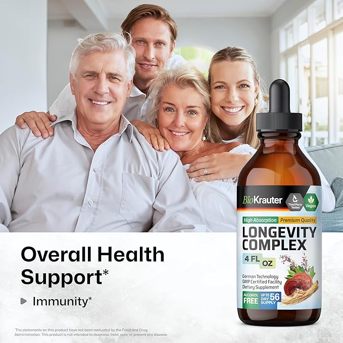 BIO KRAUTER Longevity Mushroom Supplement - Liquid Reishi Mushroom Complex with Goat’s Rue & Red Ginseng Root Extract - Vegan Tincture - Alcohol & Sugar Free Drops 4 Fl.Oz.