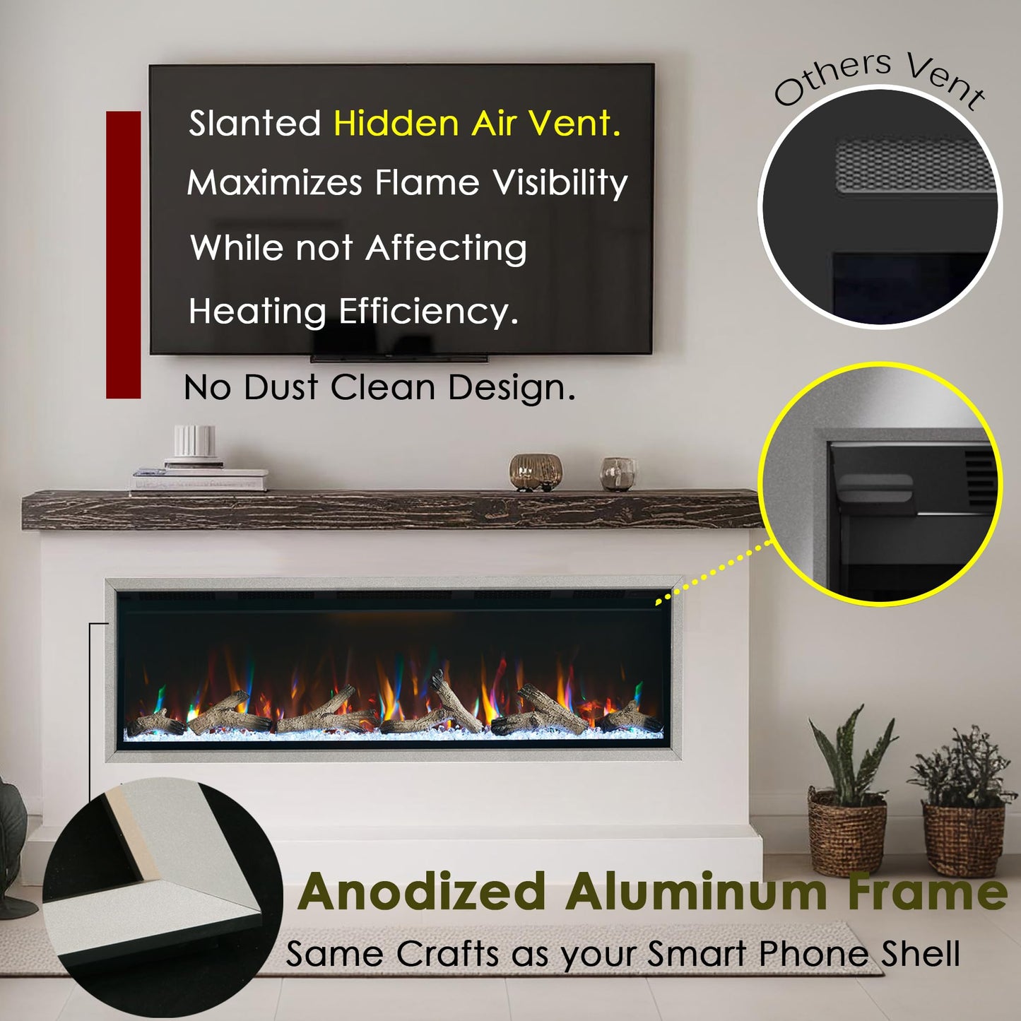 Unineo 50 Inch Electric Fireplace w/Aluminum Frame, Hidden Air Vents Design, Recessed and Wall Mounted Fireplace Heater w/Thermostat, 12×13×5 Realistic Flame, Visual Remote, Log and Crystal, Siliver