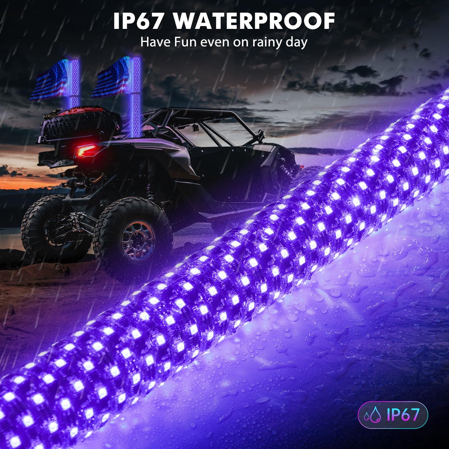 Bevinsee 2PCS 3FT Fat Whip Lights for UTV ATV, Spiral RGB Chasing/Dancing LED Whip Lights with APP & Remote Control, Antenna Lighted Whips for RZR SXS Can-Am Dune Buggy Offroad Truck