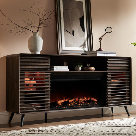 RedLemon Fireplace TV Stand for 80 Inch TV, Mid Century Modern Entertainment Center with 36" Electric Fireplace & Led Lights, Wood Media Console w/Slatted Sliding Doors for Living Room, Dark Walnut