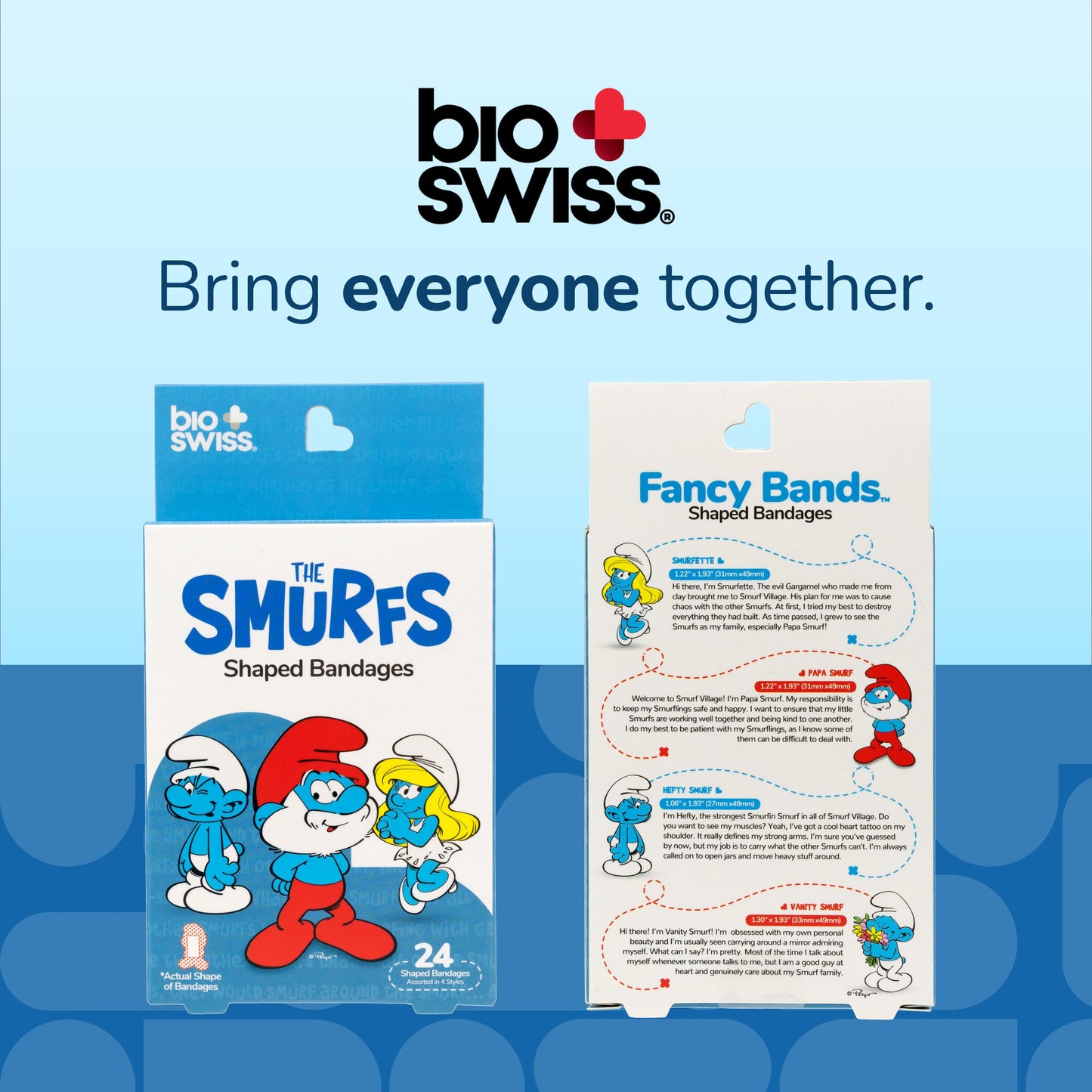 BioSwiss Bandages, The Smurfs Classic Shaped Self Adhesive Bandage, Latex Free Sterile Wound Care, First Aid Supplies for Kids and Adults, 24 Count