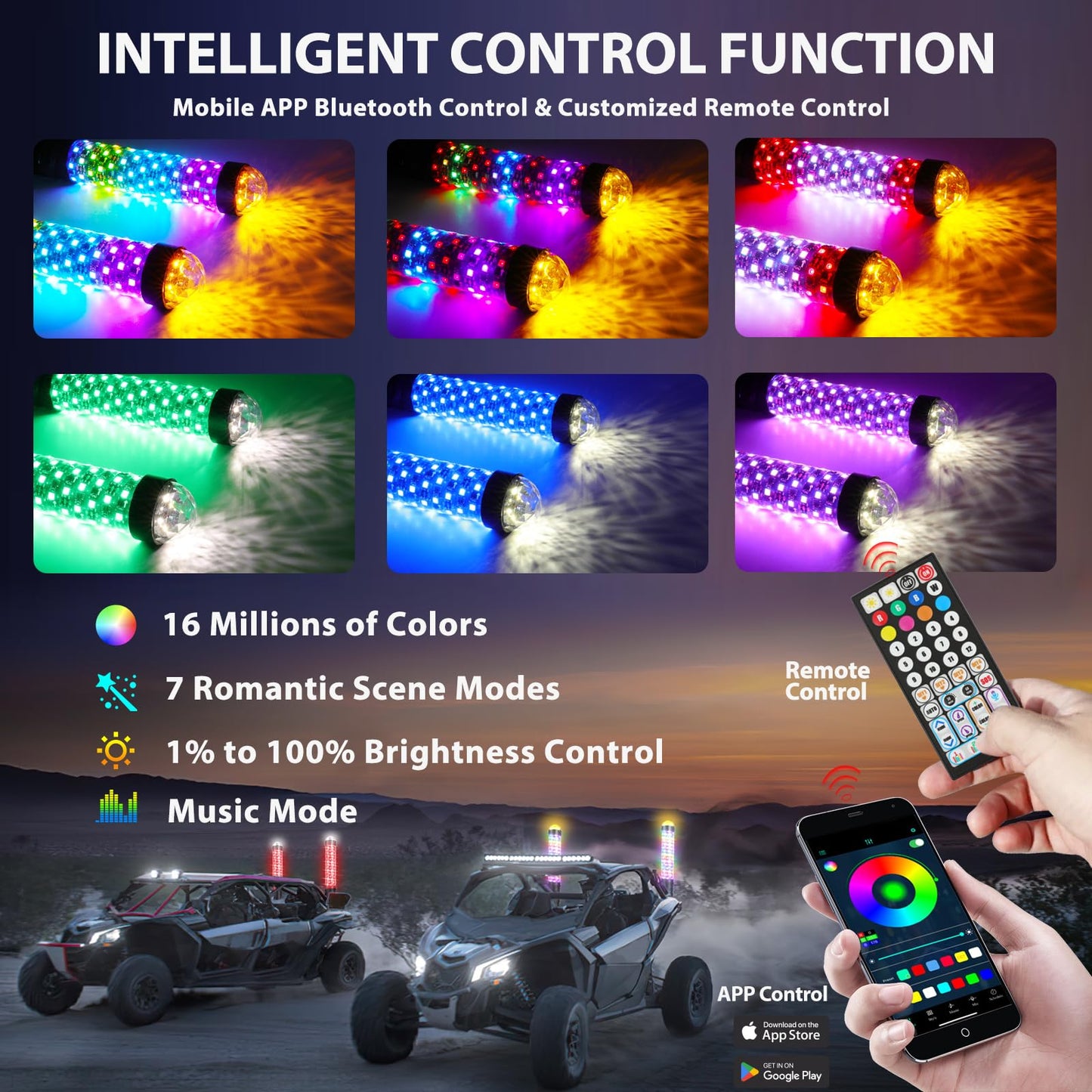 DEERMOTO 2PCS 1FT Fat Whip Light with Warning Light Spiral RGB LED Whip Lights with APP&Remote Control,Chasing Lighted Antenna Whips for UTV ATV Can-Am X3 RZR Can-Am Polaris Buggy Jeep Offroad (1ft)