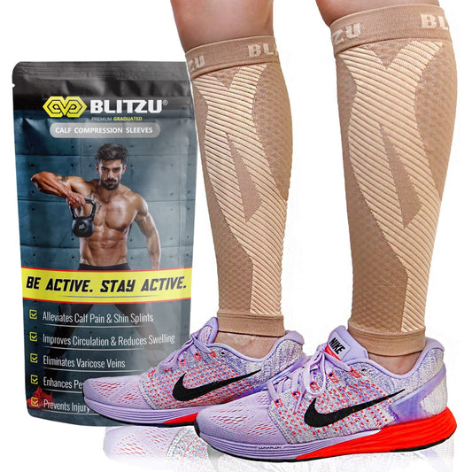 BLITZU Calf Compression Sleeves for Men and Women. Footless Compression Socks Support for Varicose Vein, Nursing, Running. Leg Sleeve Brace for Shin Splints, Pain Relief & Reduces Swelling Nude S-M