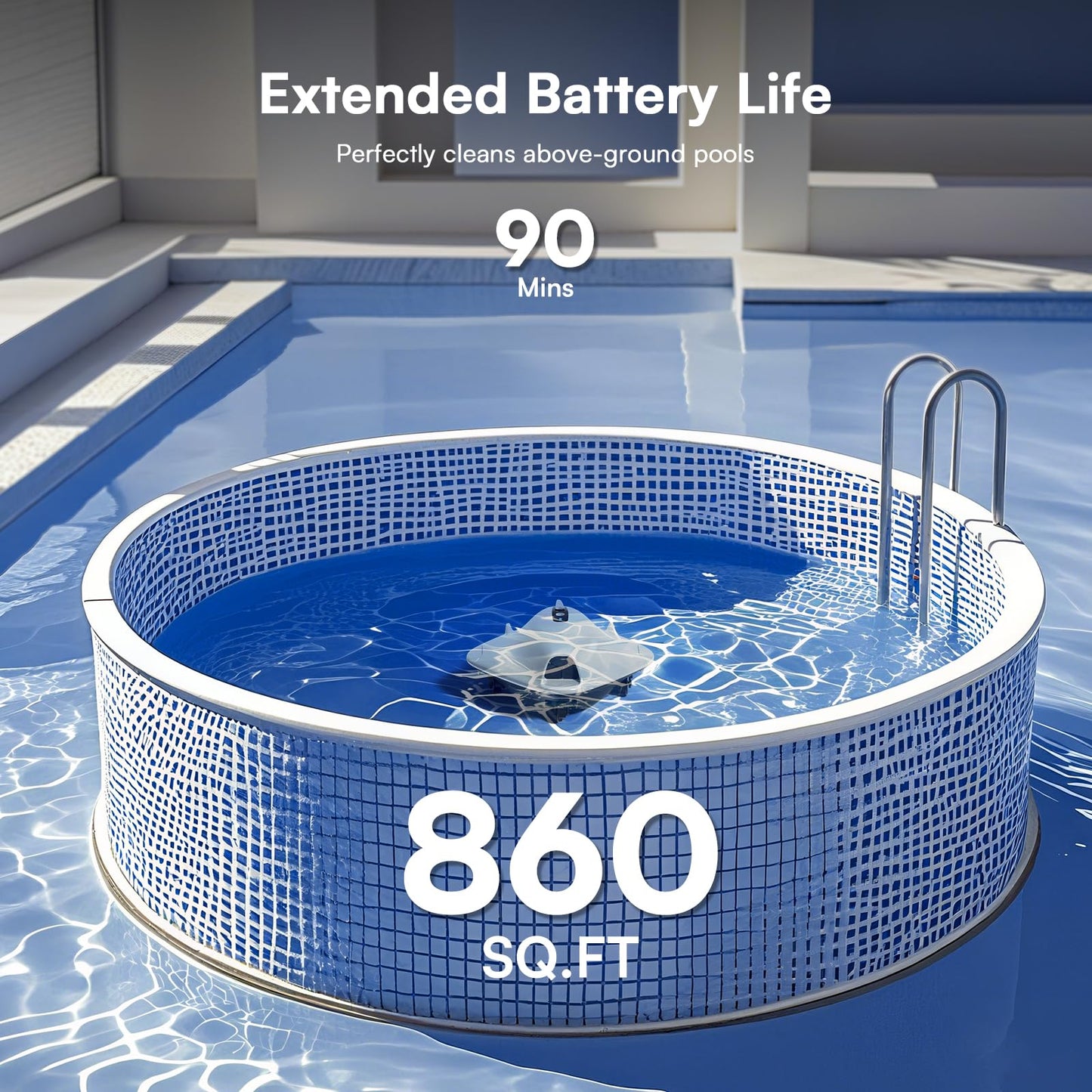 PoolMr Cordless Robotic Pool Cleaner - Above Ground Pool Vacuum - 40W Strong Suction, Dual Cleaning System, Barrier Crossing, 90-Min Runtime Up to 860 Sq for Above Ground Pools, Sliver