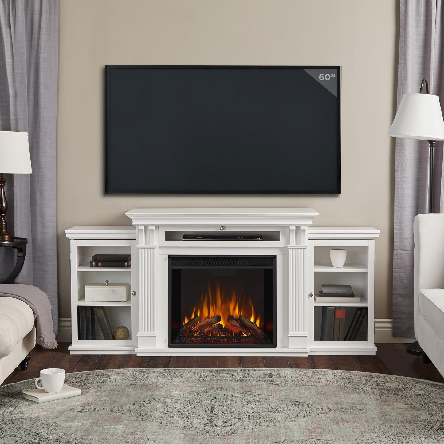 Real Flame Calie 67" TV Stand with Electric Fireplace in White, Entertainment Center with Electric Fireplace, Living Room TV Stand with Fireplace, fits up to 65" TV