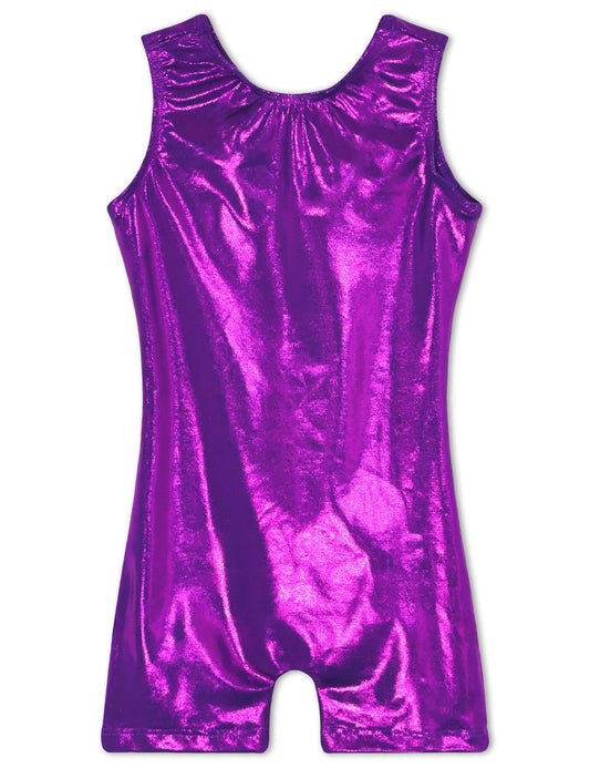 Biketards for Girls Gymnastics Leotards with Shorts Size 6-7 Years Old Sparkly Metallic Solid Purple Sleeveless Unitard