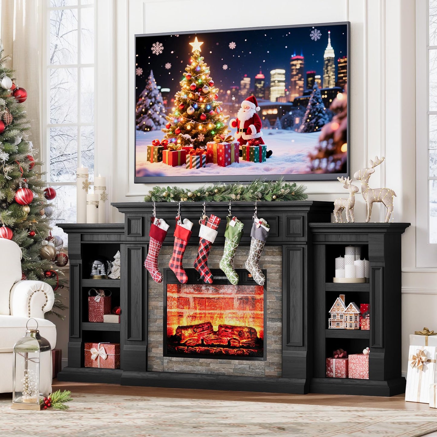 LGHM 72" Fireplace TV Stand for TVs Up to 80 Inch, Electric Fireplace with Mantel, Modern Entertainment Center with Storage, Realistic 3D Flame Effect and Stacked Stone Surround Design for Living Room