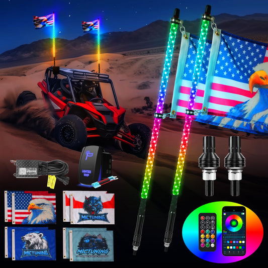 MICTUNING 2pc 3ft Spiral LED Whip Lights with 8 Flags, RF Remote and App Control, RGB Chasing Lighted with Rocker Switch, Music Synced Whips Lights Kit for UTV ATV Polaris RZR Can-Am