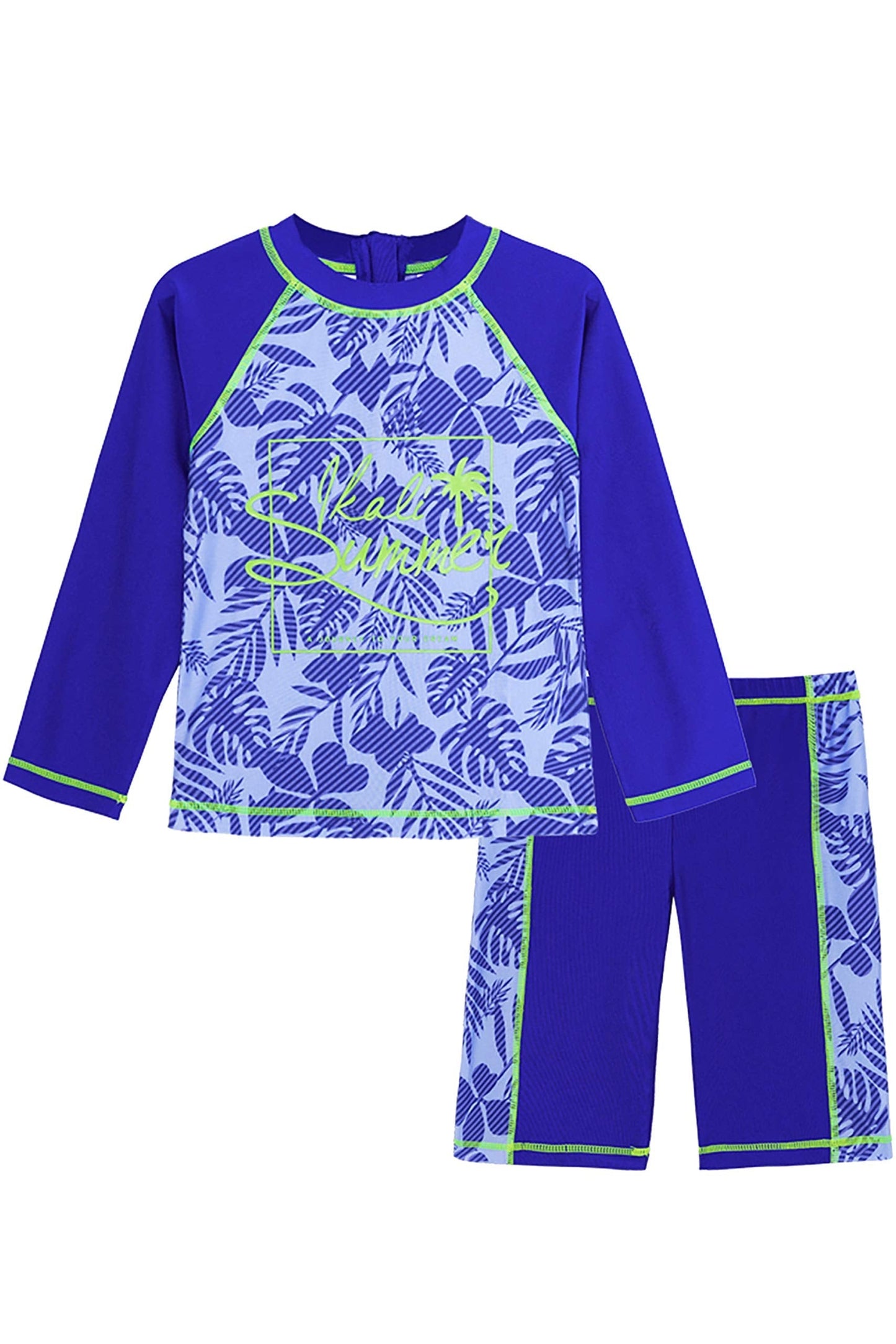 Boys Swimsuit Two Piece, Hawaii Palm Leaf Print Swimwear, Long Sleeve Wetsuit Rash Guard Swim Trunk Set for Kids