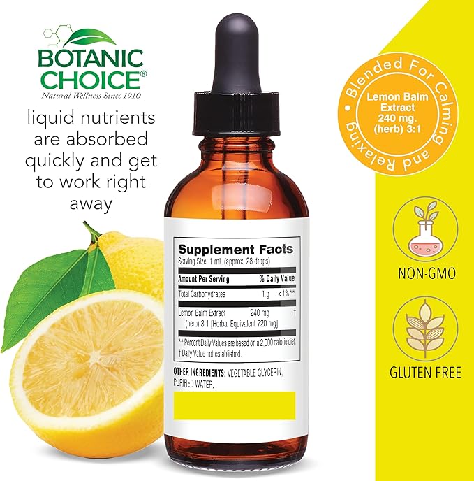 Botanic Choice Lemon Balm Liquid Extract, Alcohol Free, Gluten Free-Traditional Support for Tranquility-Fast Acting 1 Fluid Oz