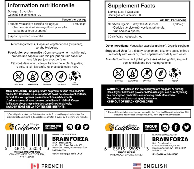 Brain Forza Organic Turkey Tail Mushroom Capsules, Mushroom Powdered Immune Support, Liver and Digest Health Support, Organic Defense Support, Non-GMO, Vegan, Organic, 90 Capsules