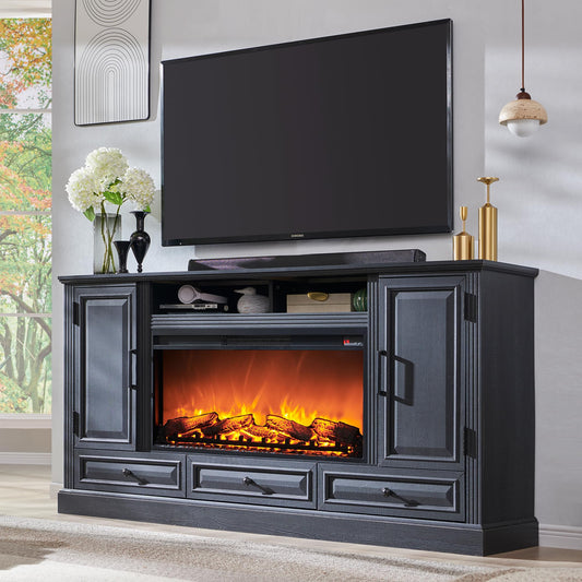 ACCOHOHO Fireplace TV Stand for 80 Inch TV, 35.7" Tall Farmhouse Entertainment Center W/36'' Electric Fireplace, Media Console with Large Storage Cabinets and Drawers for Living Room, Black