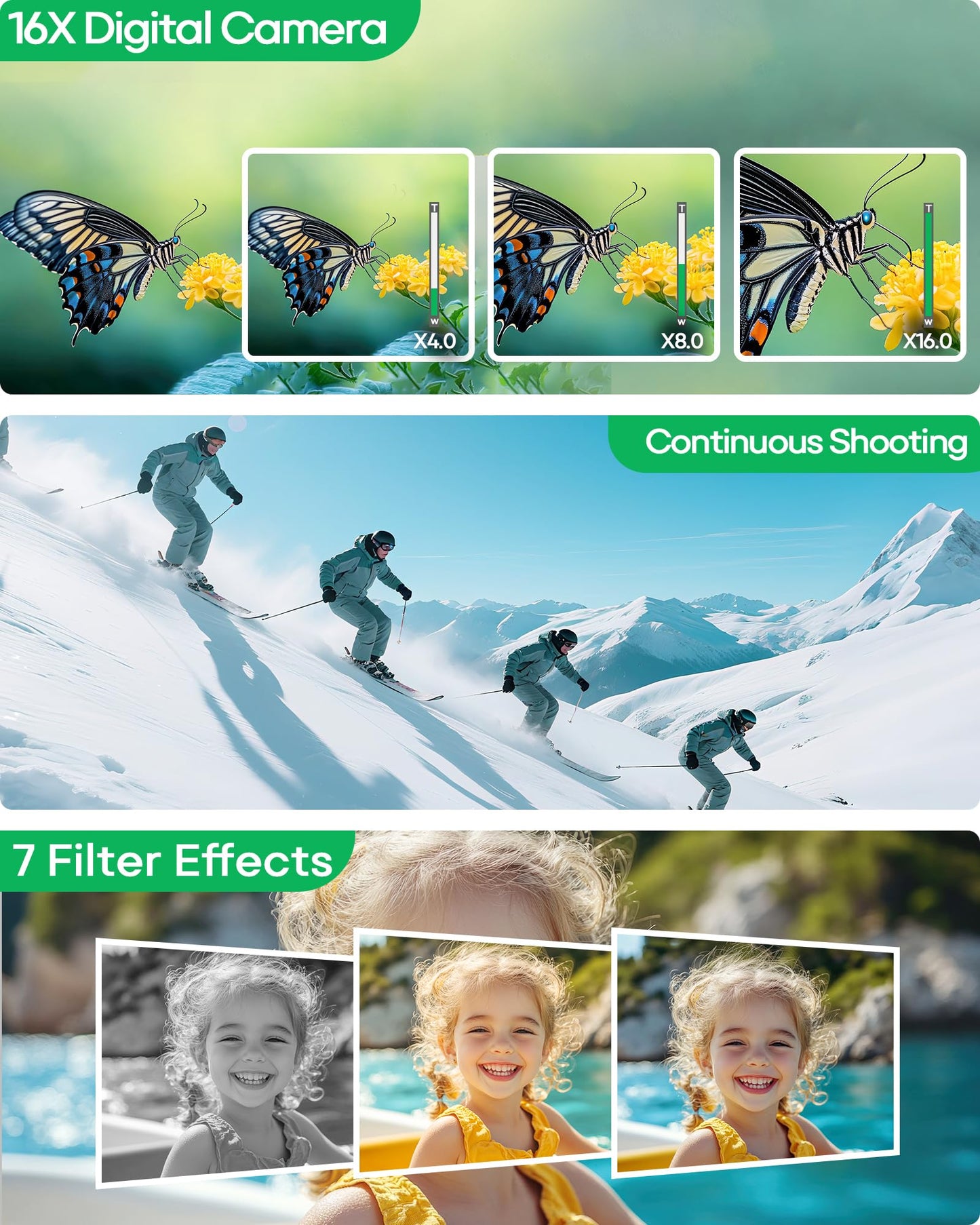 Digital Camera, 4K Vlogging Camera with Autofocus, 64MP, 16X Zoom, 64GB Card Included, Built-in Battery, Compact Digital Camera for Teens Adult Beginners, Ideal for Travel & YouTube - White