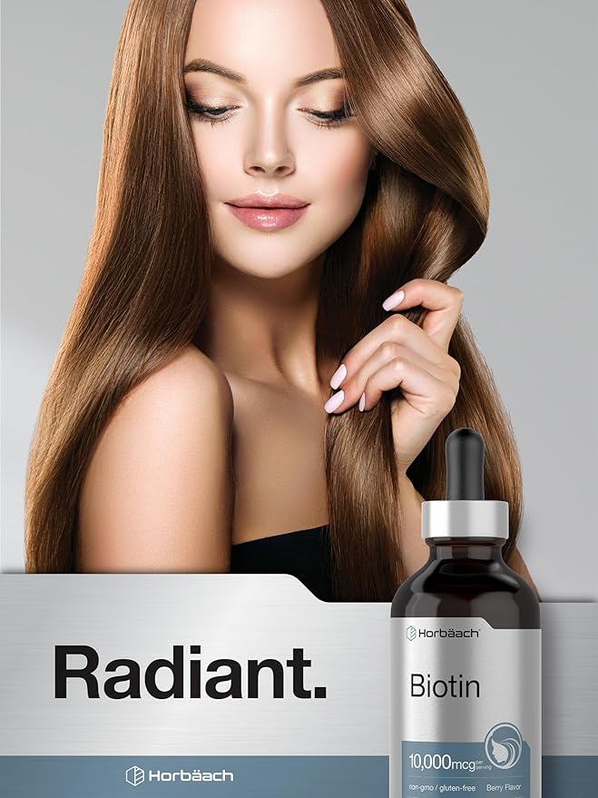 Horbäach Biotin Liquid Drops 10000mcg | 4 fl oz | Berry Flavor | Vegetarian, Non-GMO & Gluten Free Supplement